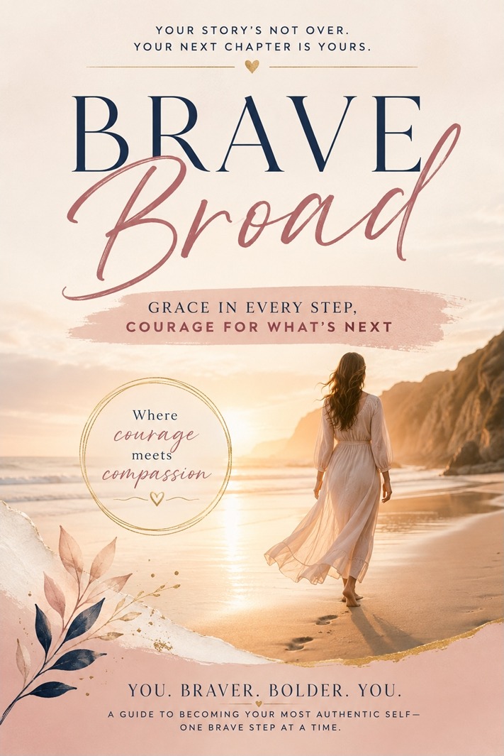 Cover of the Brave Broad 30-Day Rediscovery Workbook: a woman walking along a sunlit beach beneath the Brave Broad title